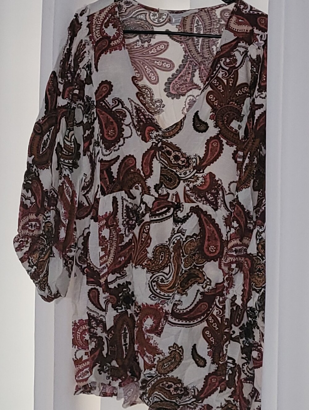 Womens Paisley V-Neck Blouse - White with Brown & Rust Accents